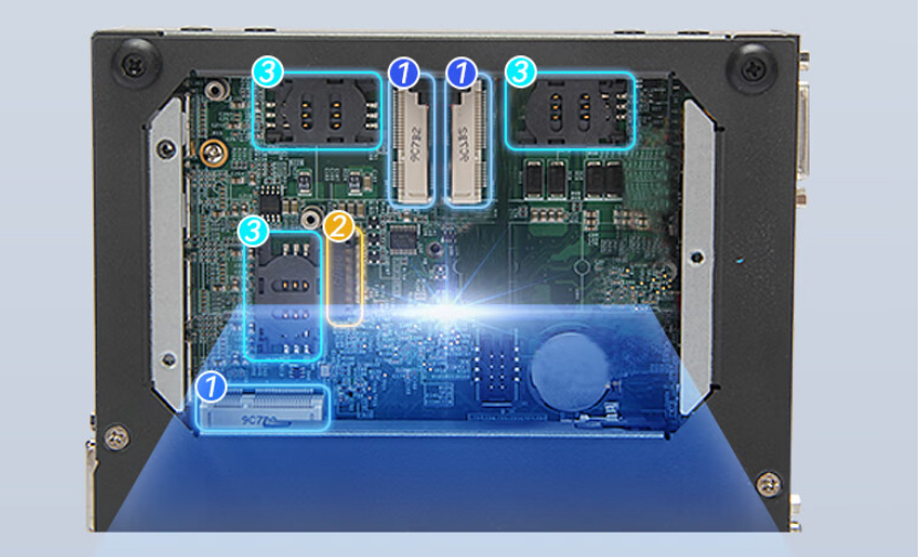內(nèi)存至高支持32GB,容量更大更靈活。配置了1個(gè)SATA接口，1個(gè)M.2，硬盤容量支持500GSSD,同時(shí)配置了雙顯，電源支持8~35V；